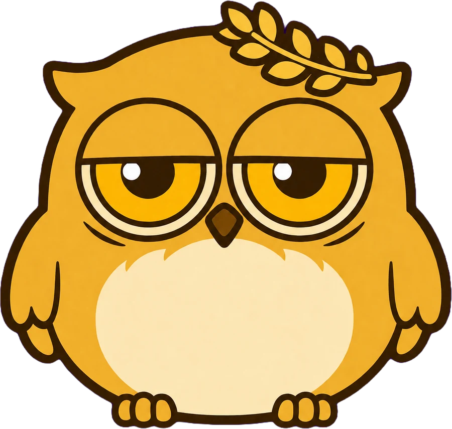 Bubo — a round amber owl in a crooked laurel wreath, unimpressed